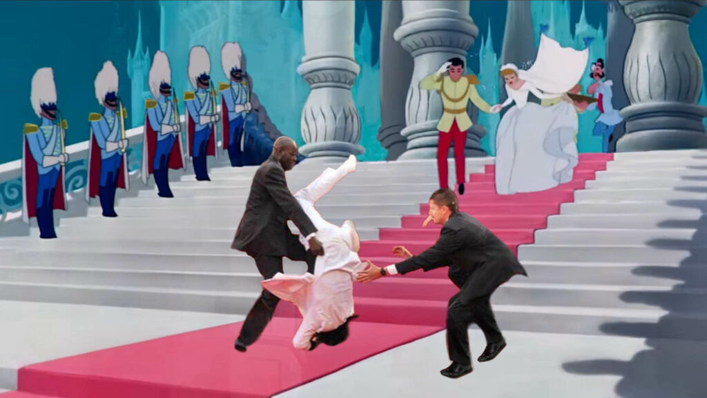 Jason Derulo falling down the stairs of Prince Charming's Palace from the Disney Cinderella film. Prince Charming and Cinderella are at the top of the stairs